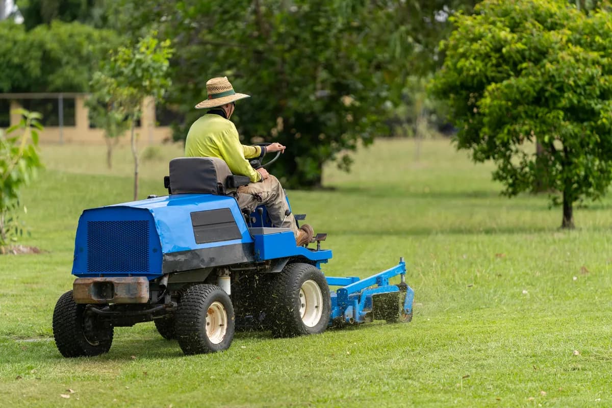 View from behind ride-on mower during maintenance
